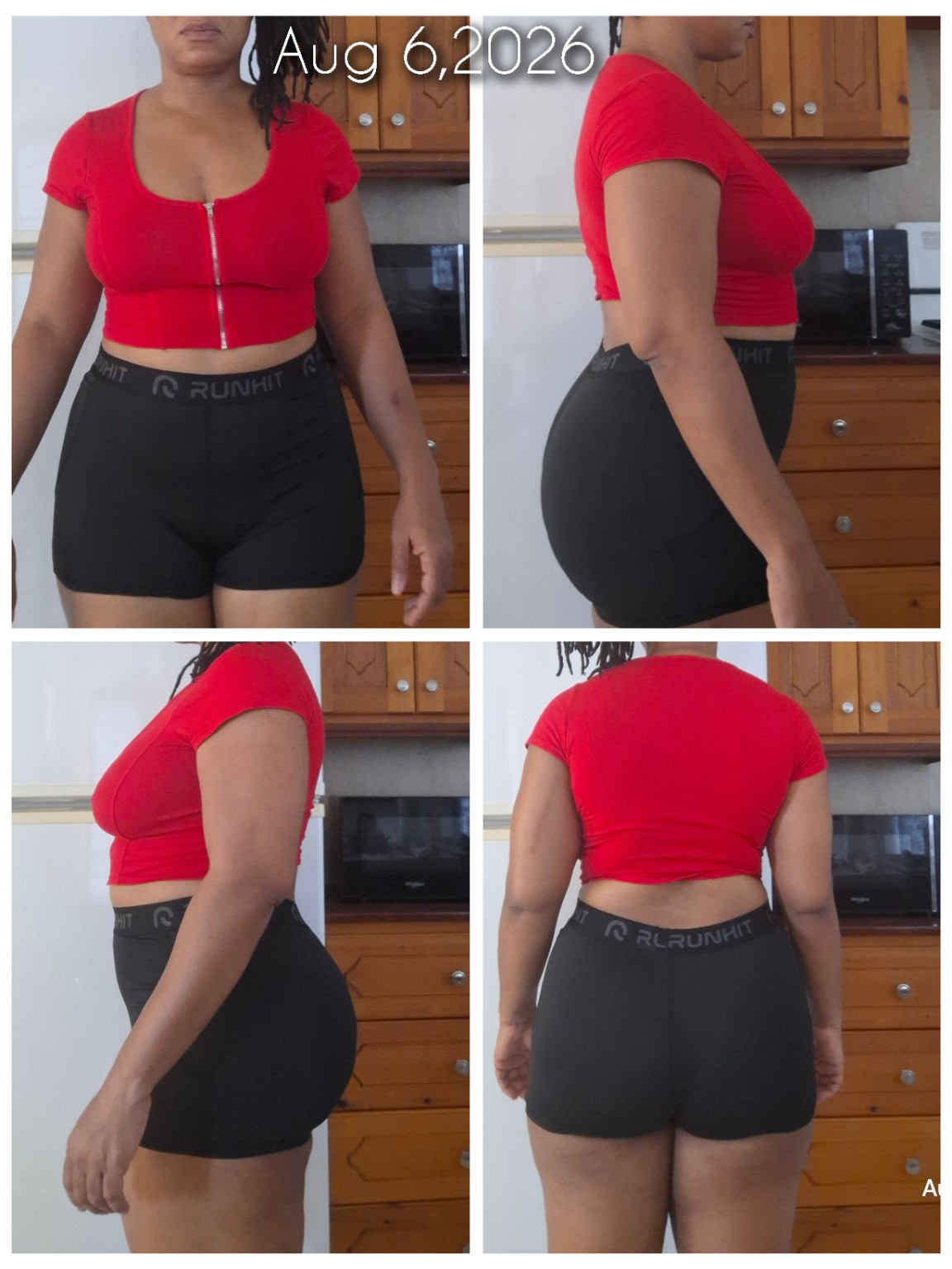 Progress photo collage from August 6, 2026 showing front, side and back views